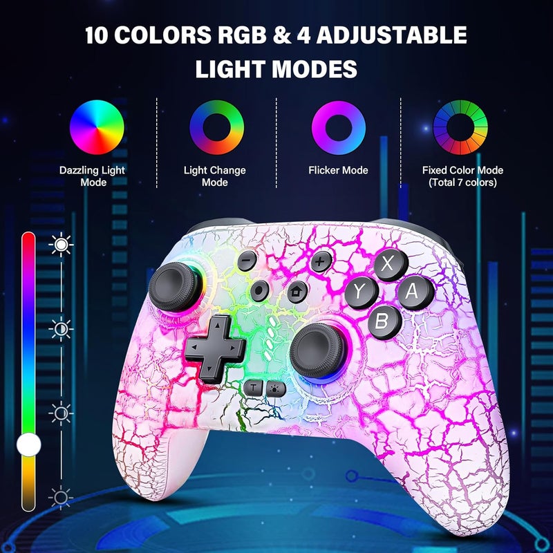 DBEPANK Store Switch Controller, Wireless Switch Pro Controller for Switch/Switch 2/Switch Lite/Switch OLED, 10 Color LED Switch Controllers, Programmable 1000mAh Switch Remote Gamepad with Wake Up, Turbo Vibration, White - Image 2